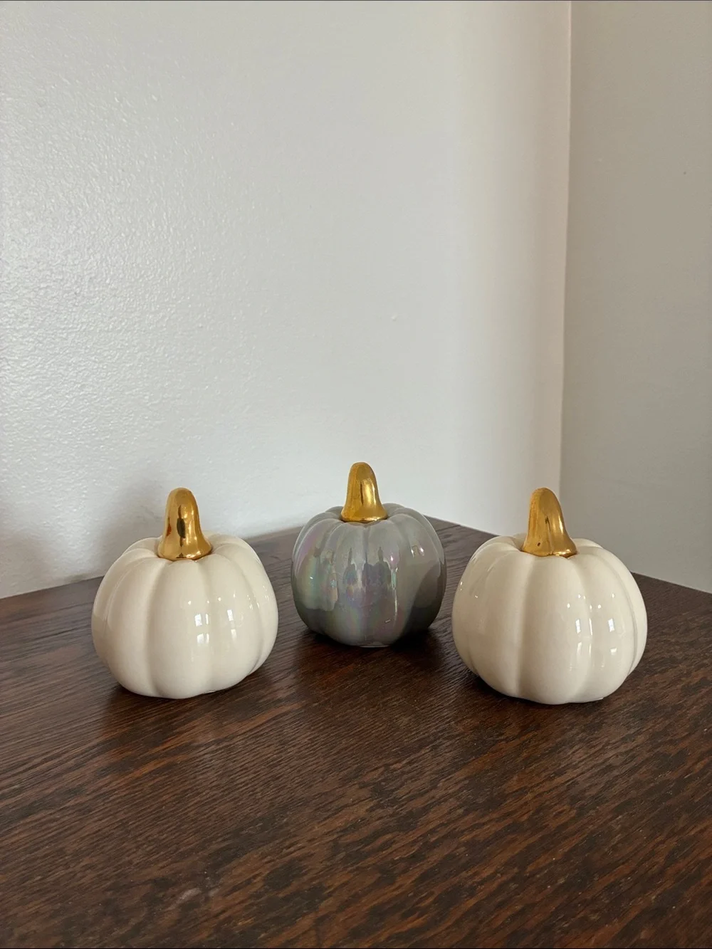 NWT- Set of 3- White & Gray Pearl Iridescent- Ceramic Pumpkins with Gold Stems